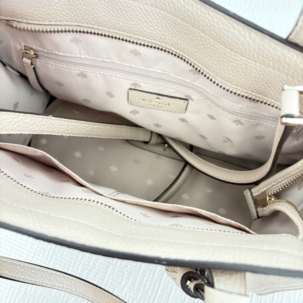 Kate Spade New York Pebbled Leather Tassel Tote Bag Beige Neutral Work Satchel - Picture 3 of 10